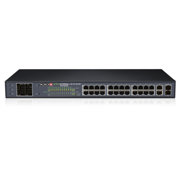 24CH neupravljani PoE switch, downlink:*24 100mbps, uplink: *2 1000mbps, ukuoan PoE je 370W, CCTV mod